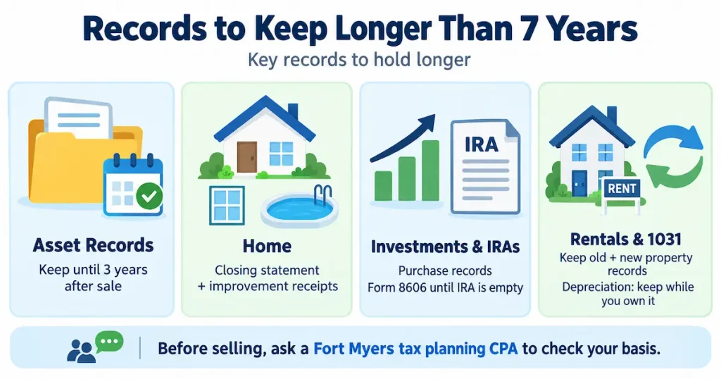 Infographic detailing tax records to keep longer than 7 years, including asset sales, home closing statements, investment purchase records, Form 8606, and 1031 exchange property records.