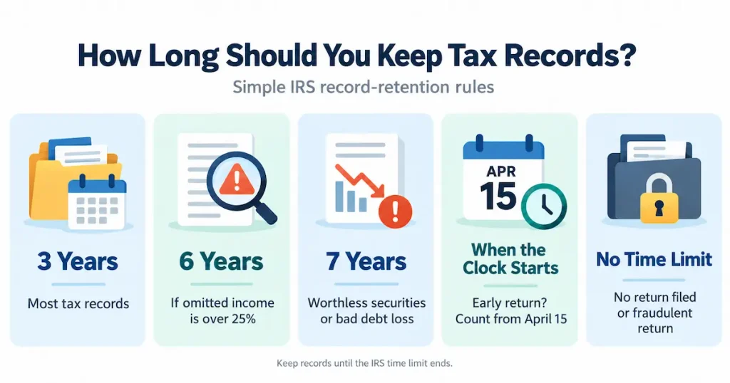 Infographic outlining IRS tax record retention rules: 3 years for standard records, 6 years for omitted income over 25%, 7 years for bad debts, and no time limit for fraudulent returns.